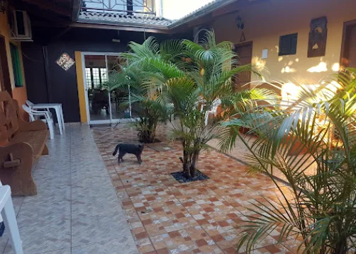 Jardim com árvore de jaqueira no quintal da pousada