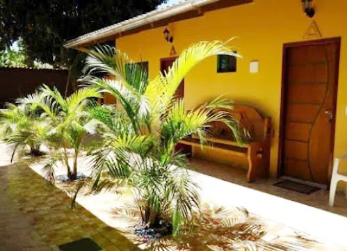 Varanda amarela com banco de madeira e plantas